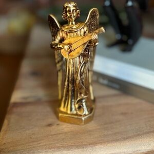Vintage Gorham Ceramic Golden Angel Figurine Playing Lute- made in Japan.